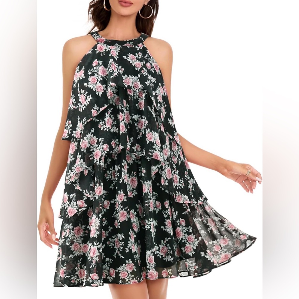 Halter Tiered Mini Dress in Black with Pink Floral Print